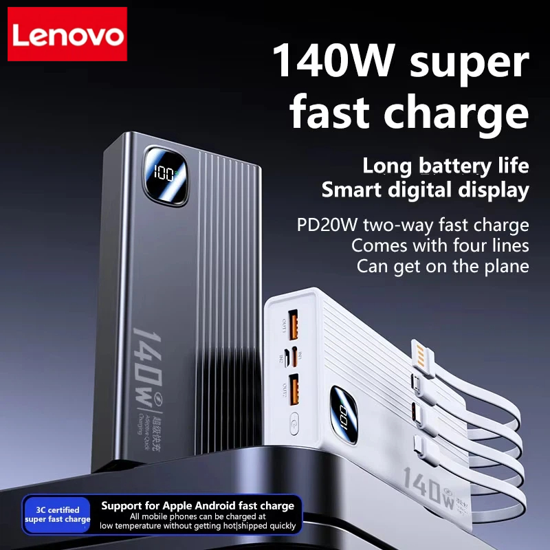 Solar Emergency Charger - Lenovo 140W 200000mAh 4-in-1 kabels Powerbank